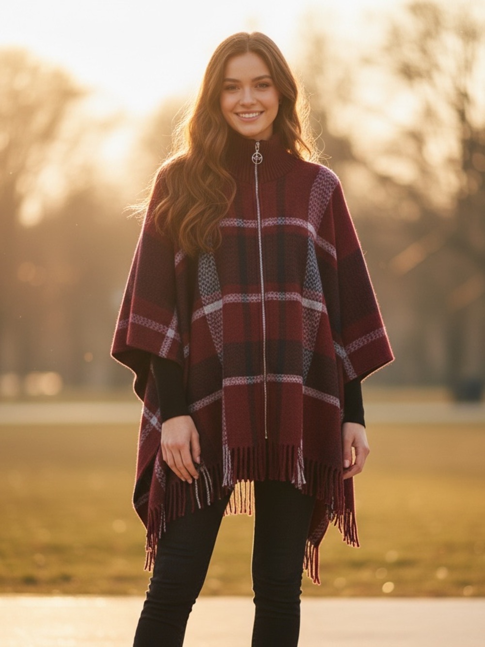 Marc New York | Plaid Front-Zip Poncho Sweater OS